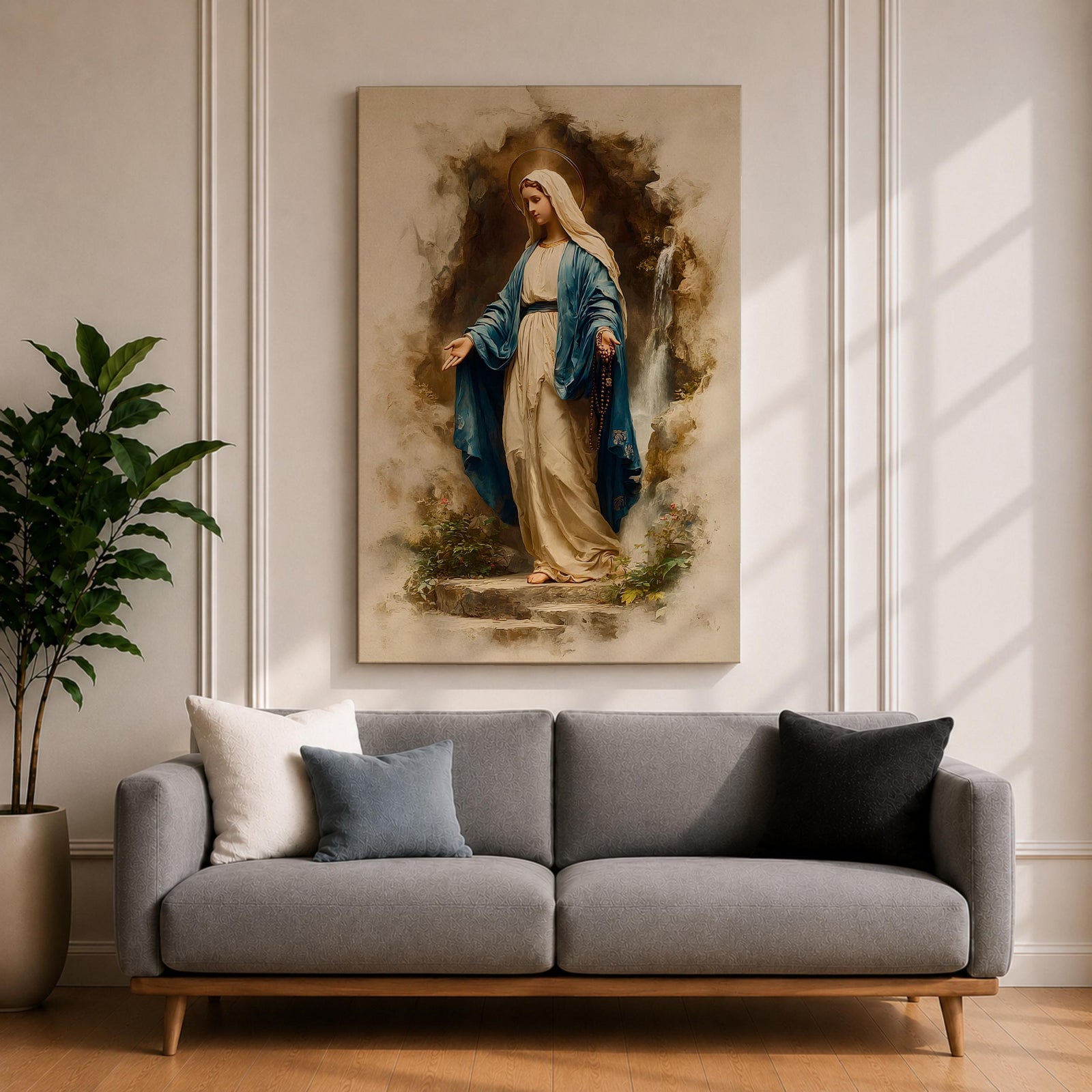 Our Lady of Lourdes Wall Art Virgin Mary Framed Canvas Grotto Rosary Catholic Decor