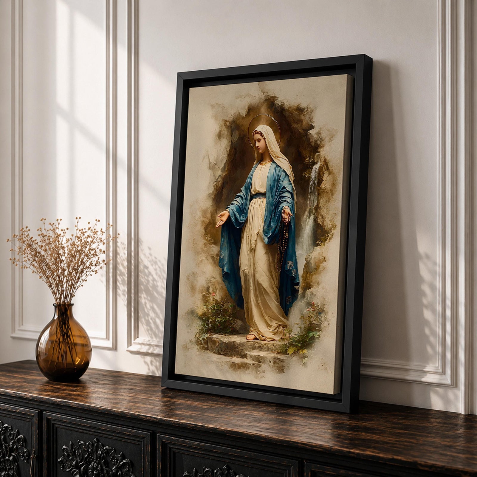 Our Lady of Lourdes Wall Art Virgin Mary Framed Canvas Grotto Rosary Catholic Decor