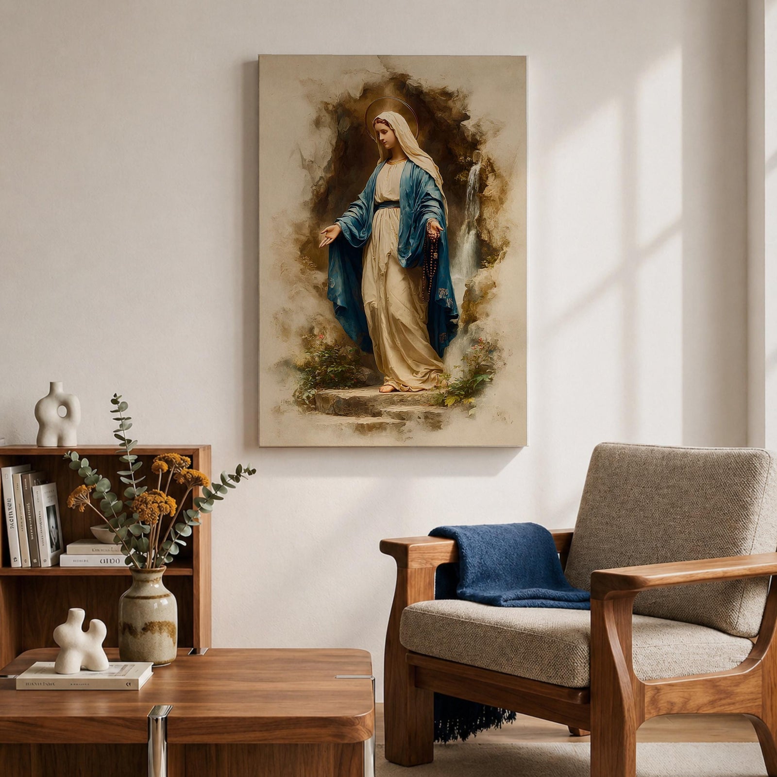 Our Lady of Lourdes Wall Art Virgin Mary Framed Canvas Grotto Rosary Catholic Decor