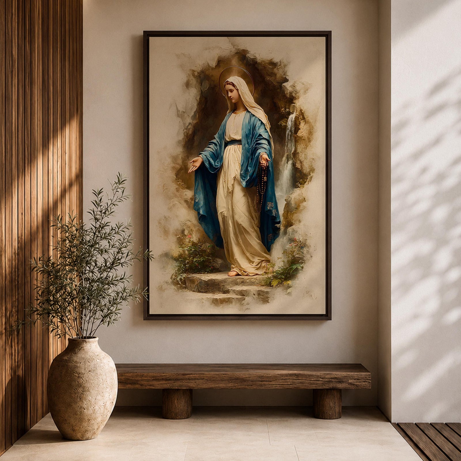 Our Lady of Lourdes Wall Art Virgin Mary Framed Canvas Grotto Rosary Catholic Decor