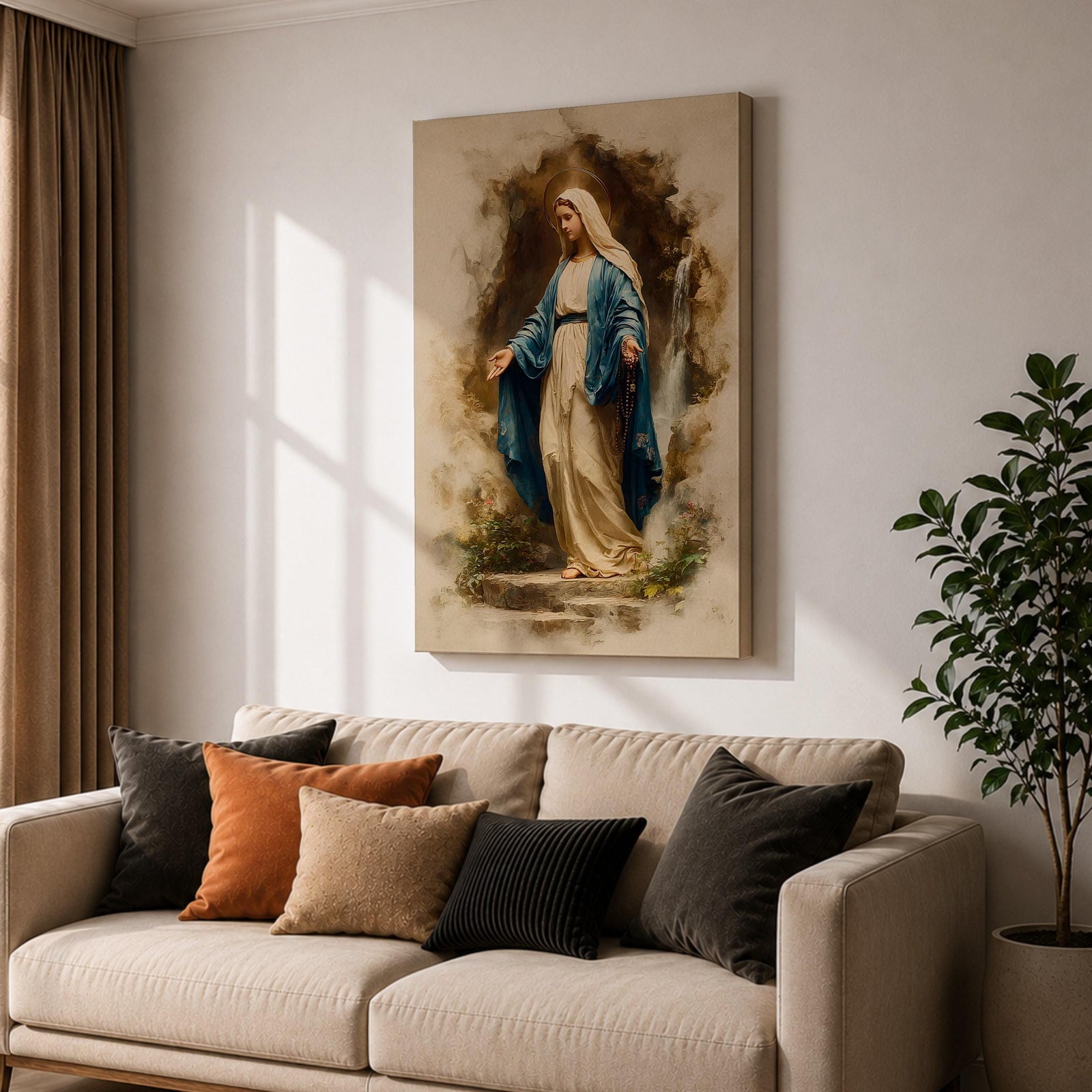 Our Lady of Lourdes Wall Art Virgin Mary Framed Canvas Grotto Rosary Catholic Decor