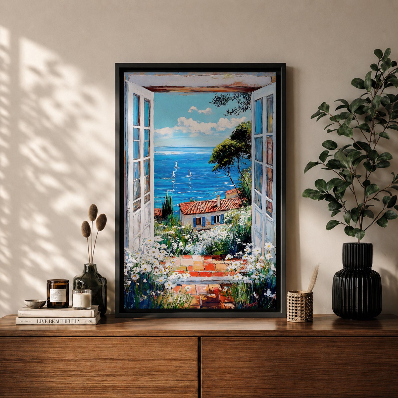 Mediterranean Window Wall Art Coastal Seaside Cottage Framed Canvas Ocean Landscape Living Room Decor