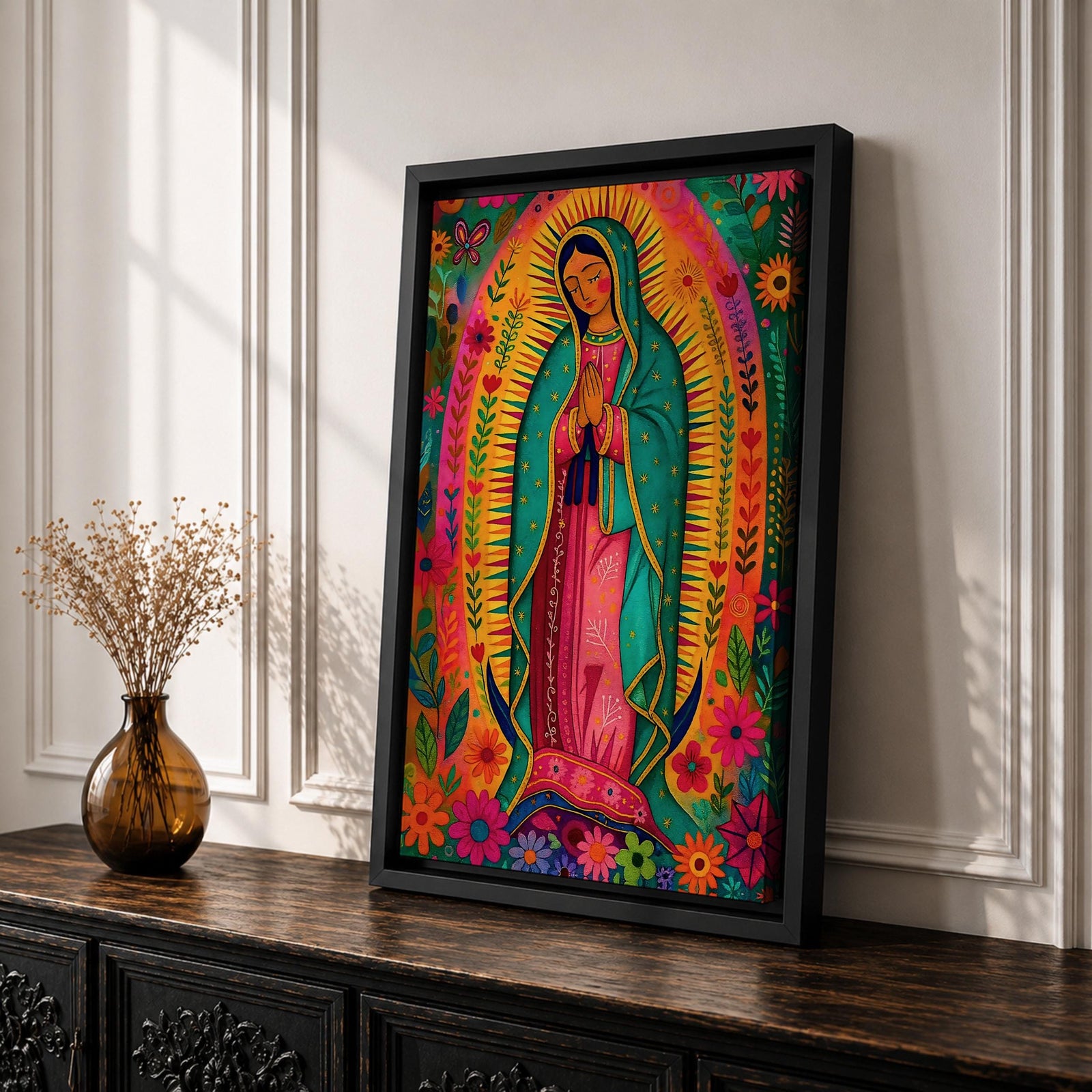 Our Lady of Guadalupe Wall Art Floral Halo Framed Canvas Virgencita Mexican Catholic Decor