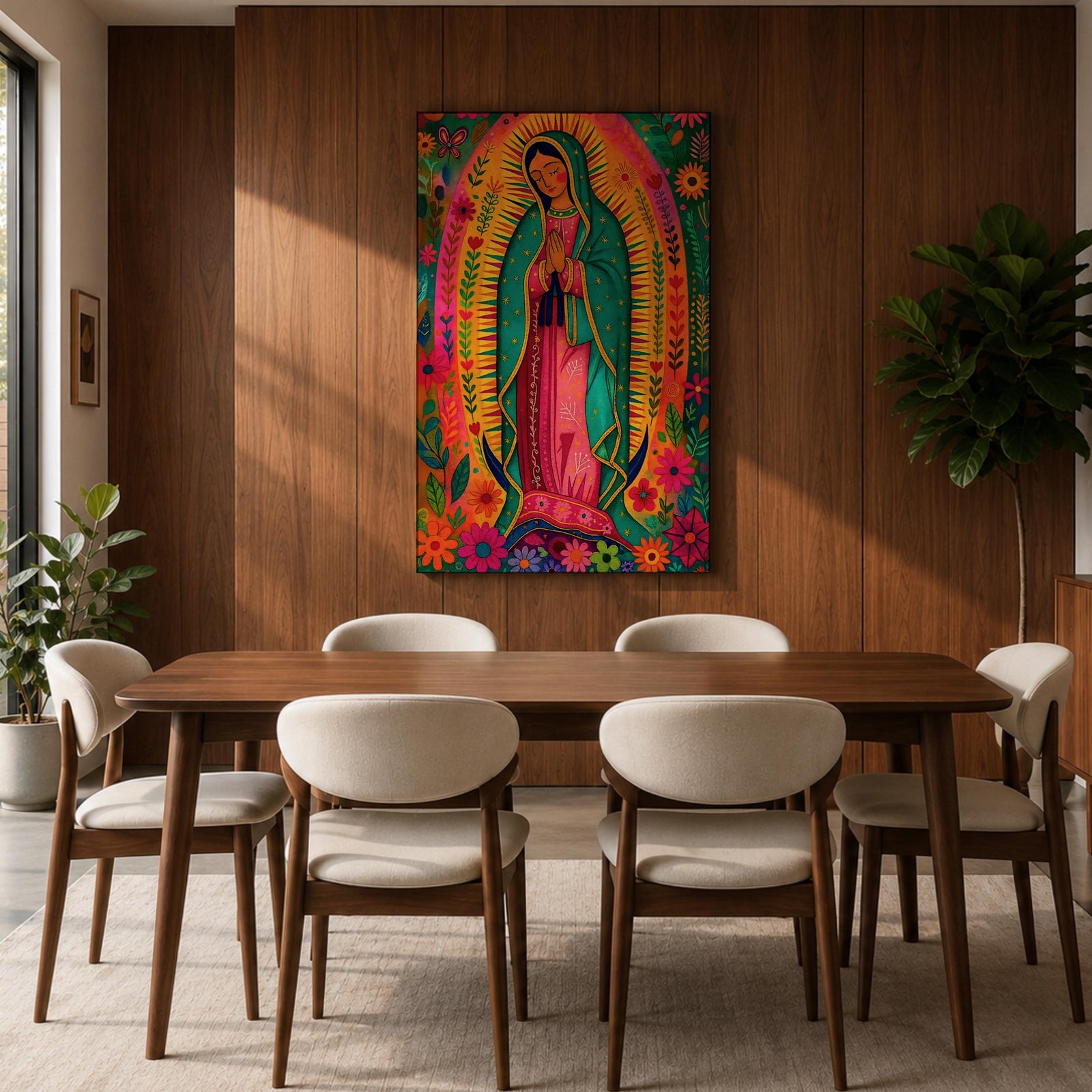 Our Lady of Guadalupe Wall Art Floral Halo Framed Canvas Virgencita Mexican Catholic Decor