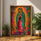 Our Lady of Guadalupe Wall Art Floral Halo Framed Canvas Virgencita Mexican Catholic Decor