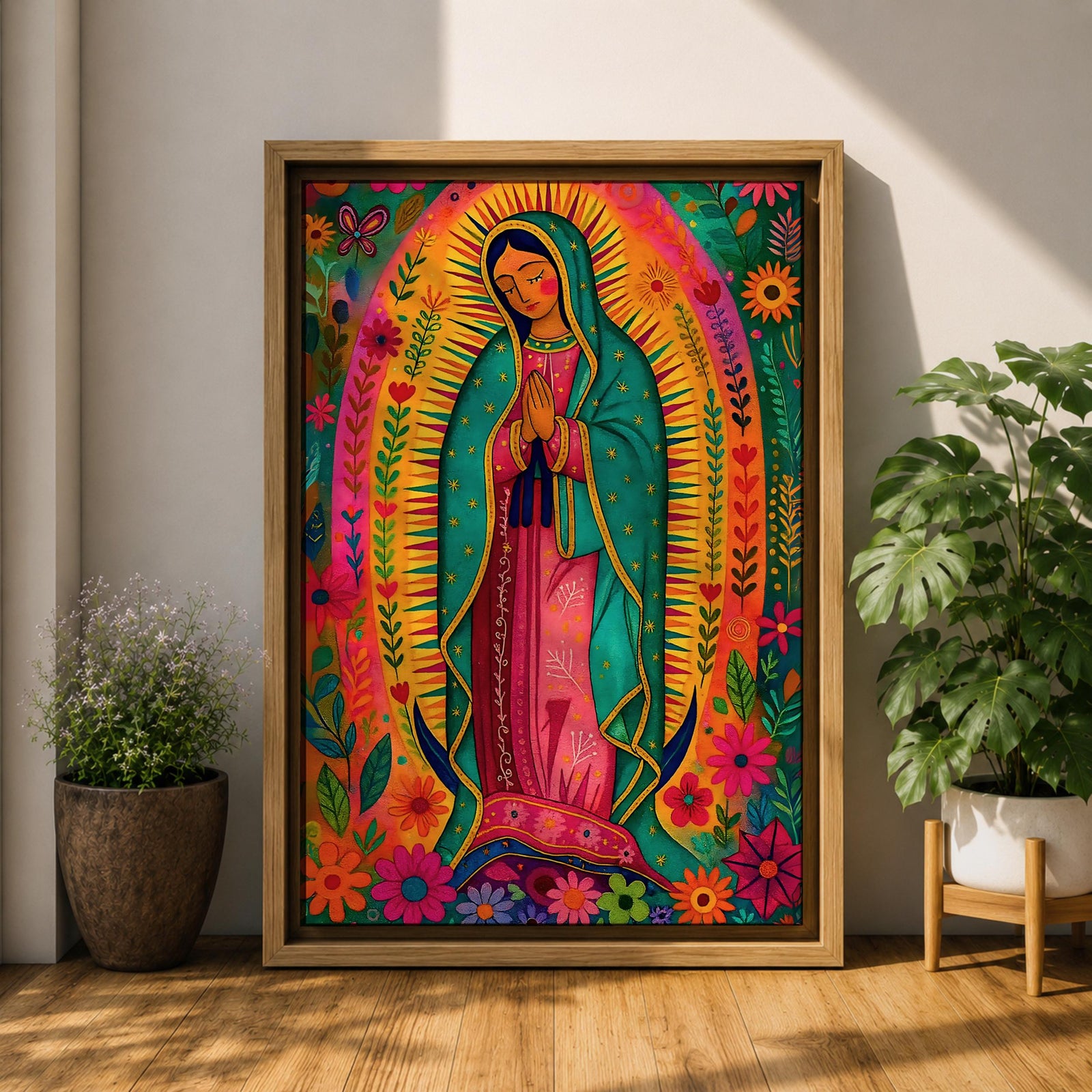 Our Lady of Guadalupe Wall Art Floral Halo Framed Canvas Virgencita Mexican Catholic Decor