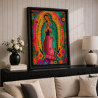 Our Lady of Guadalupe Wall Art Floral Halo Framed Canvas Virgencita Mexican Catholic Decor