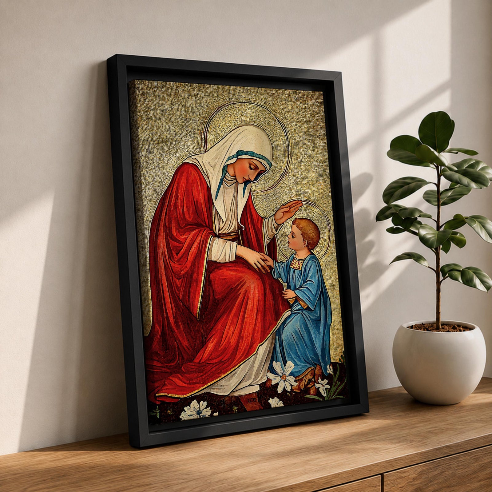 Virgin Mary and Child Wall Art Blessing Framed Canvas Madonna Christian Holy Family Decor