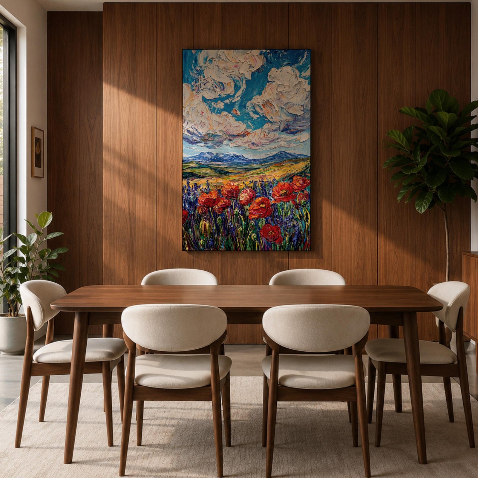 Poppy Field Wall Art Wildflower Meadow Framed Canvas Impasto Landscape Farmhouse Home Decor