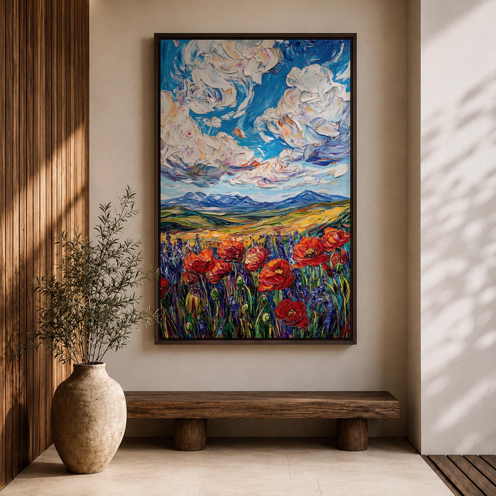 Poppy Field Wall Art Wildflower Meadow Framed Canvas Impasto Landscape Farmhouse Home Decor