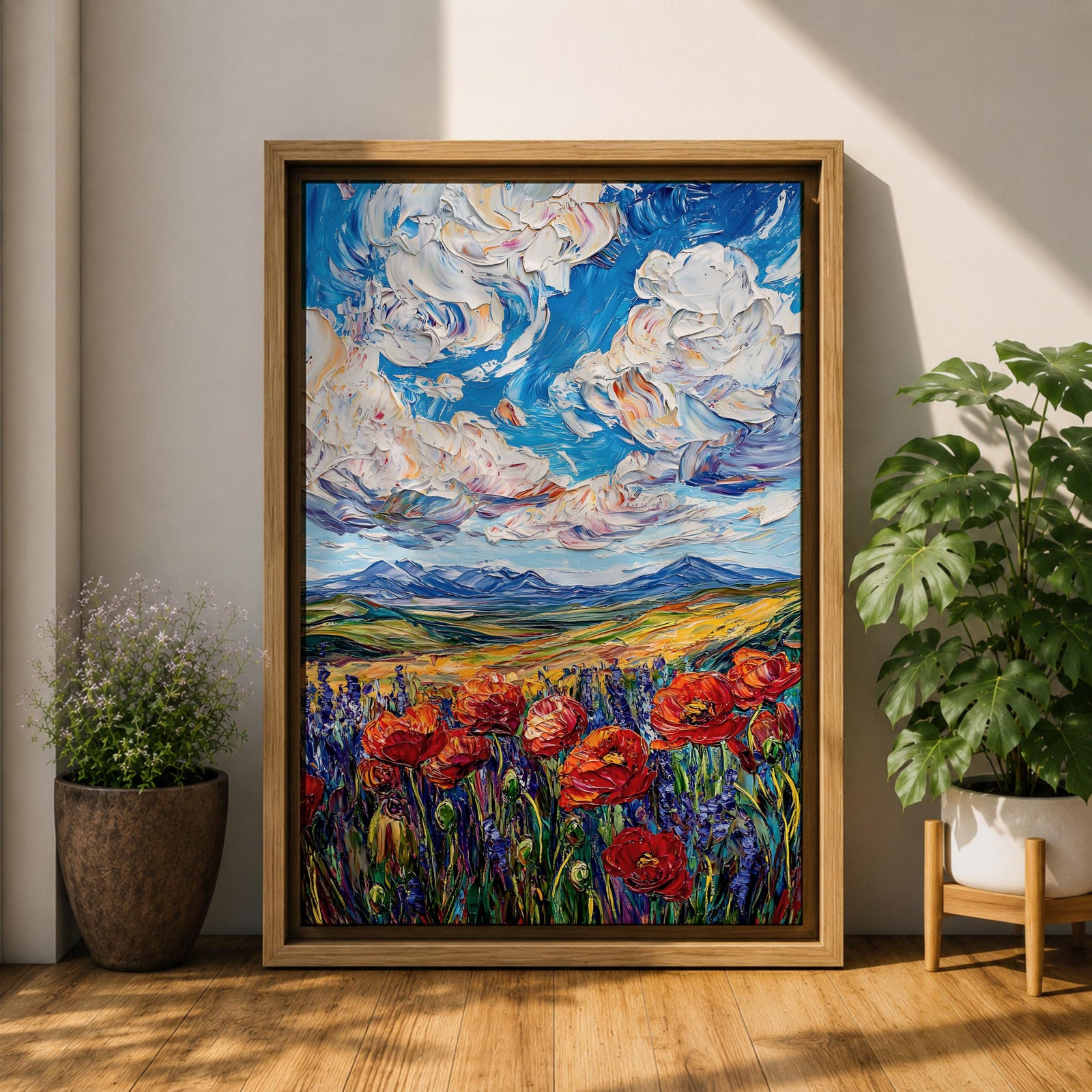 Poppy Field Wall Art Wildflower Meadow Framed Canvas Impasto Landscape Farmhouse Home Decor