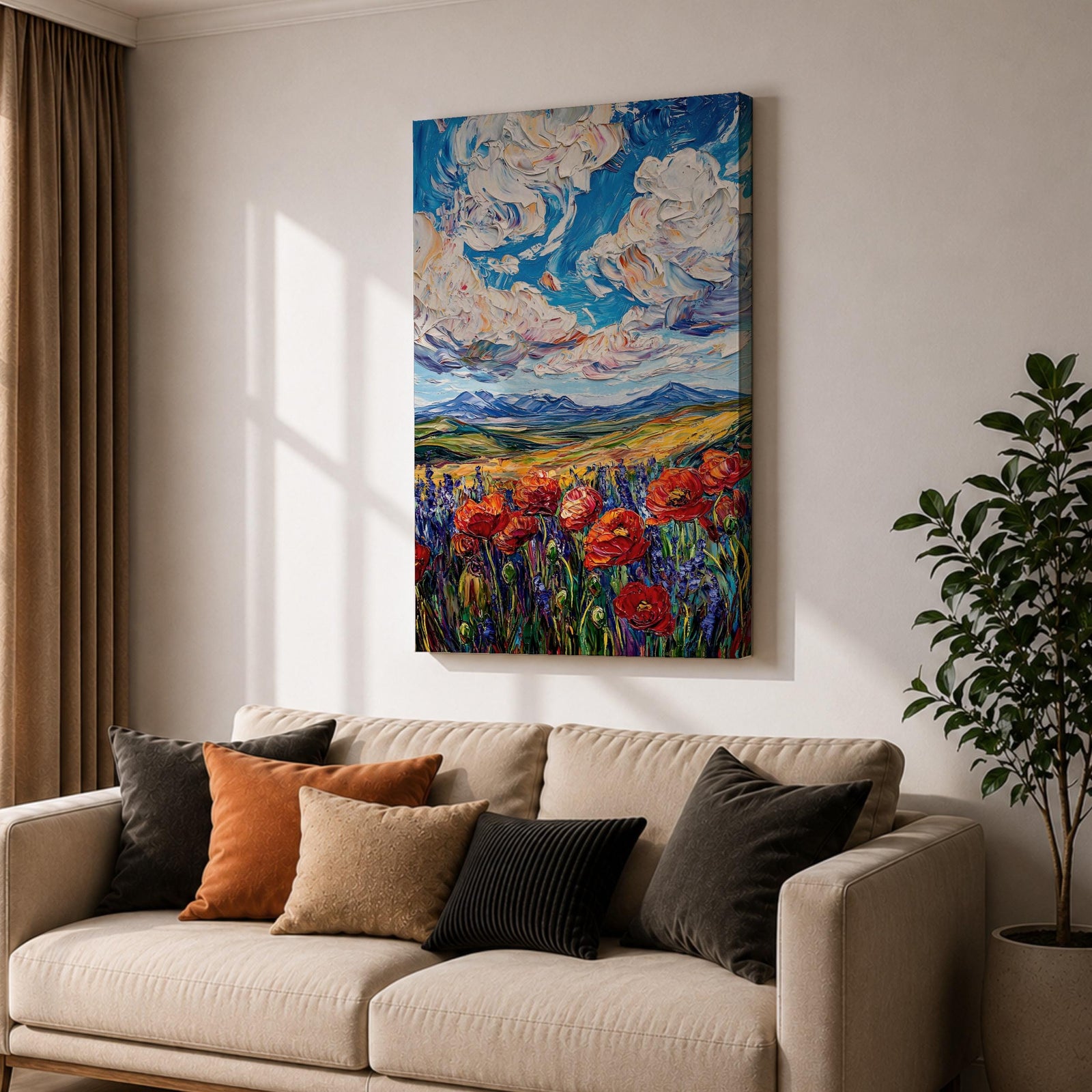 Poppy Field Wall Art Wildflower Meadow Framed Canvas Impasto Landscape Farmhouse Home Decor