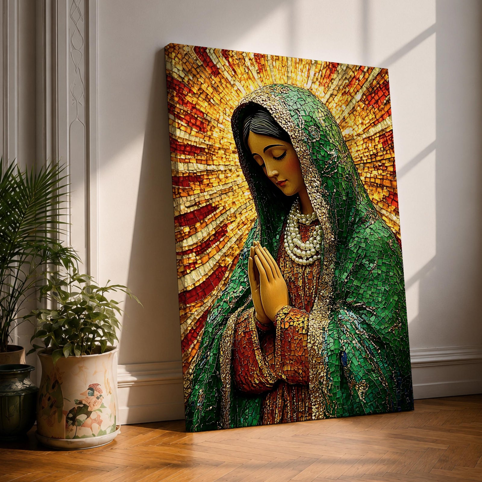 Our Lady of Guadalupe Wall Art Sunburst Framed Canvas La Morenita Mosaic Catholic Decor