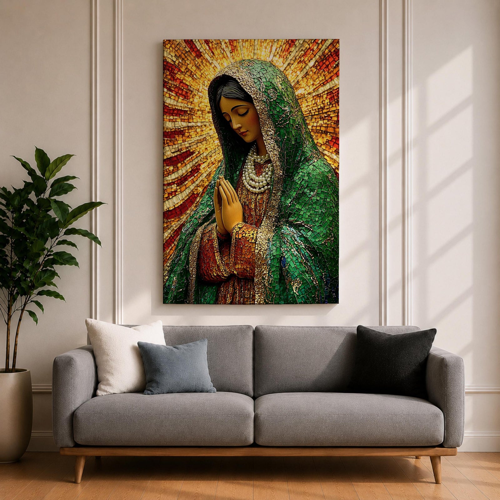 Our Lady of Guadalupe Wall Art Sunburst Framed Canvas La Morenita Mosaic Catholic Decor