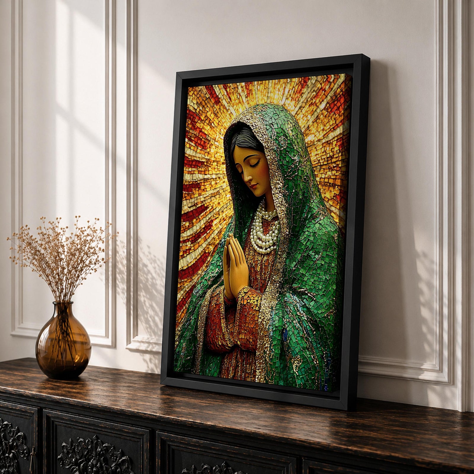 Our Lady of Guadalupe Wall Art Sunburst Framed Canvas La Morenita Mosaic Catholic Decor