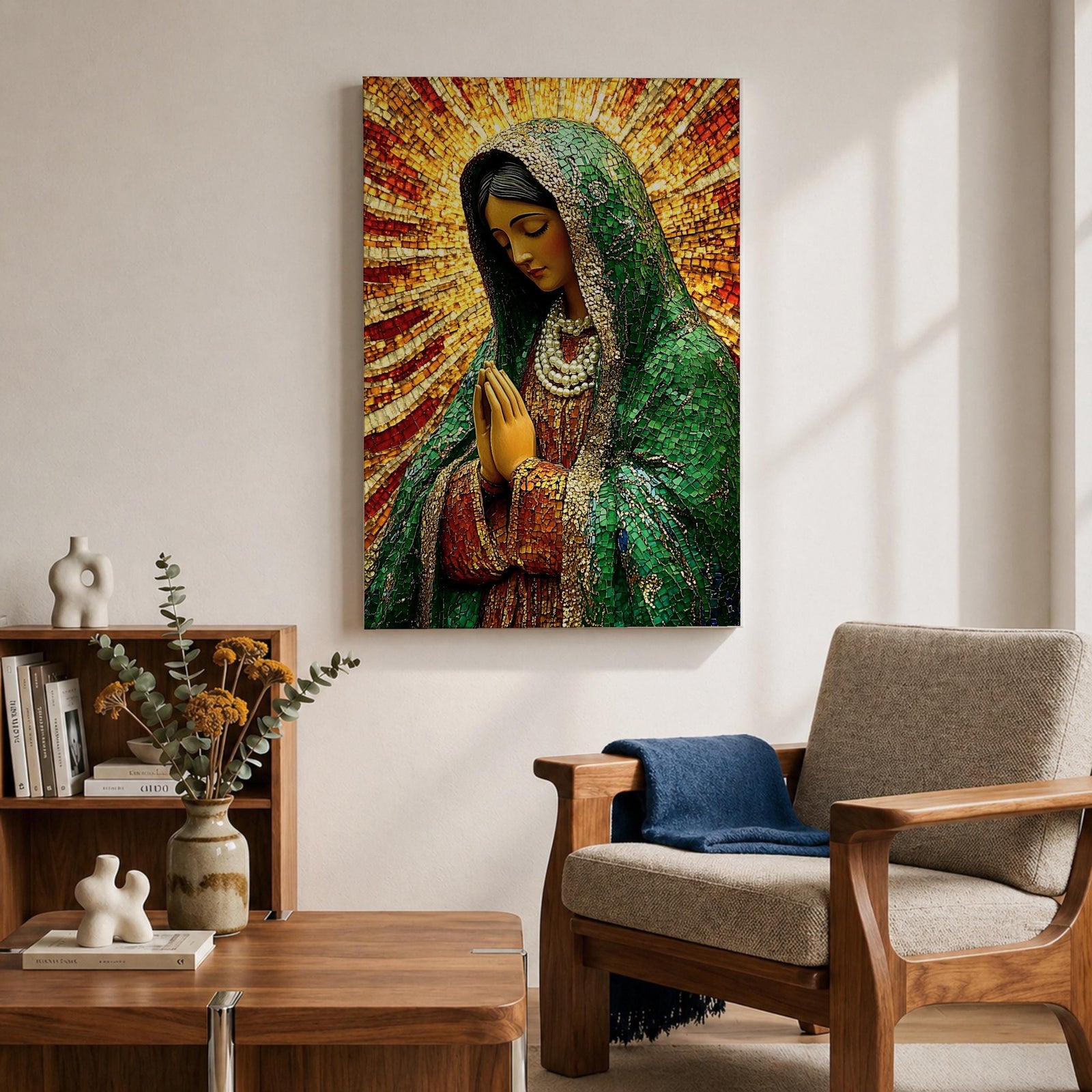 Our Lady of Guadalupe Wall Art Sunburst Framed Canvas La Morenita Mosaic Catholic Decor