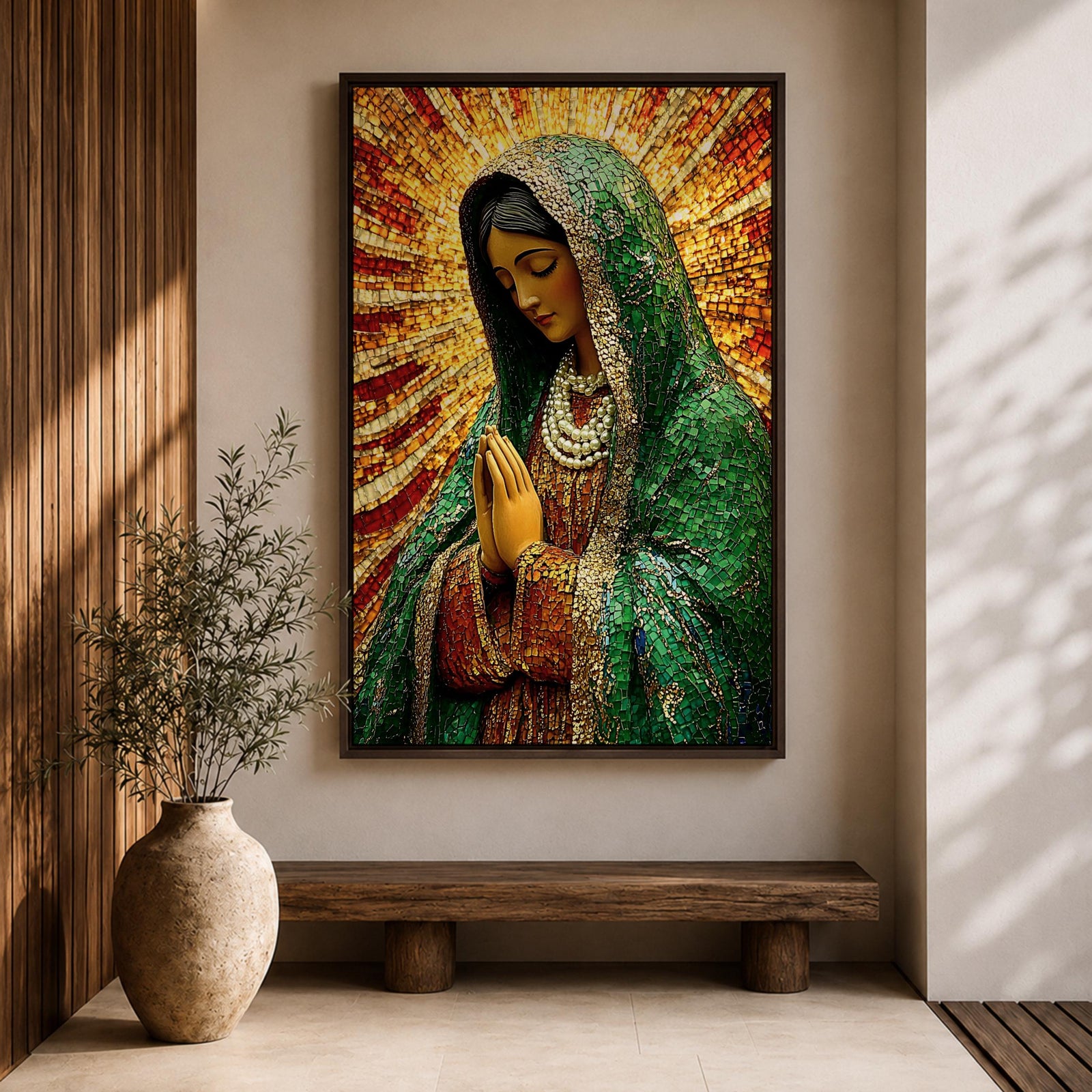 Our Lady of Guadalupe Wall Art Sunburst Framed Canvas La Morenita Mosaic Catholic Decor