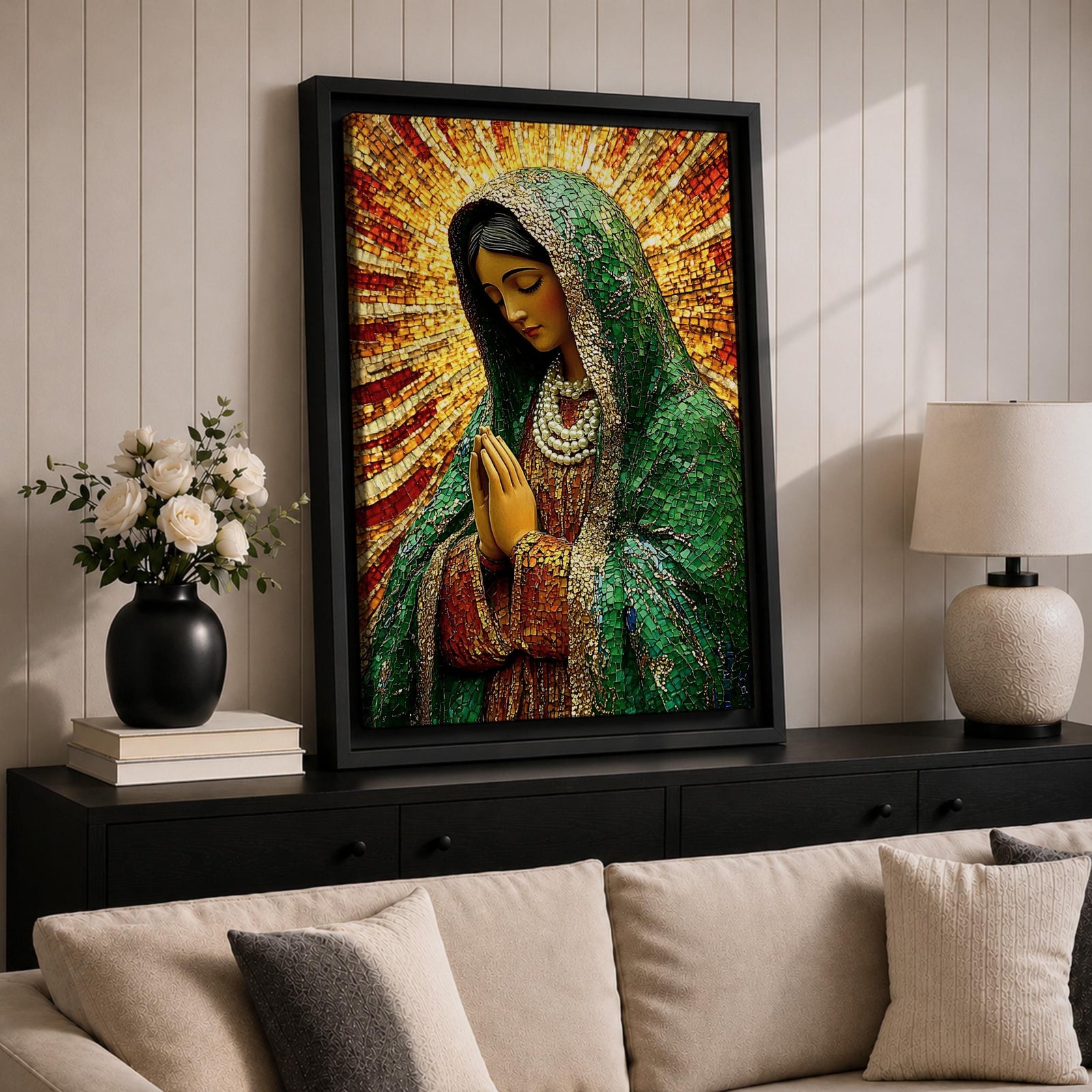 Our Lady of Guadalupe Wall Art Sunburst Framed Canvas La Morenita Mosaic Catholic Decor