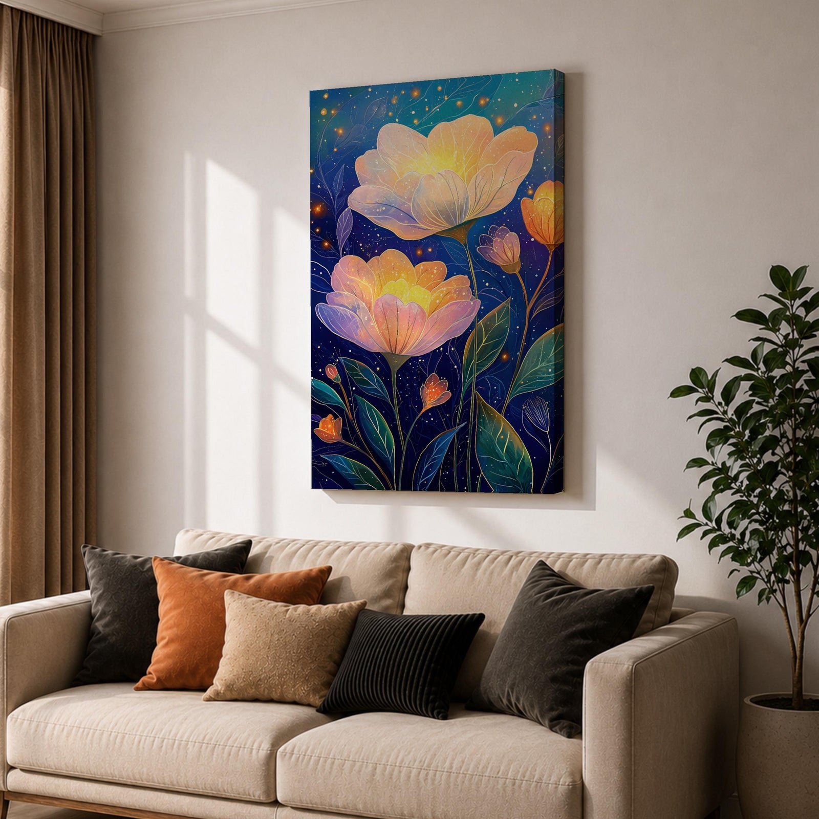 Floral Nightscape Wall Art Glowing Botanical Framed Canvas Bloom Modern Home Decor