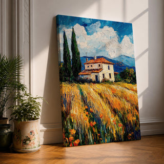 Tuscan Farmhouse Wall Art Italian Countryside Framed Canvas Wheat Field Impasto Rustic Decor