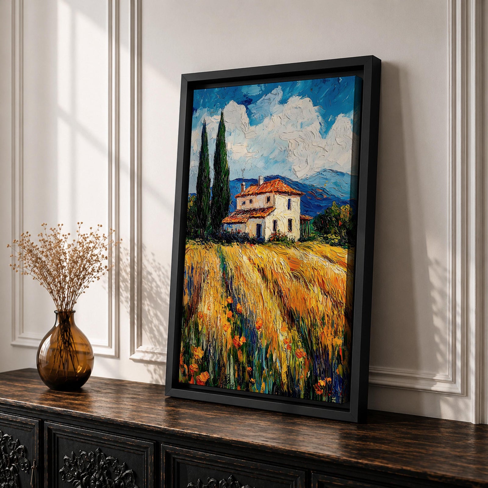 Tuscan Farmhouse Wall Art Italian Countryside Framed Canvas Wheat Field Impasto Rustic Decor