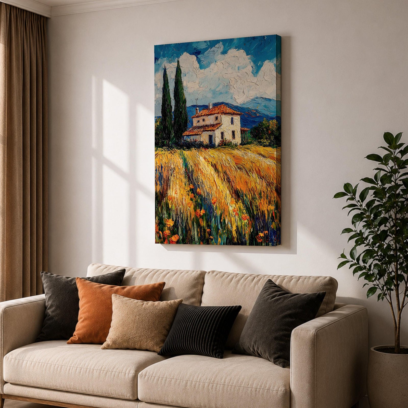 Tuscan Farmhouse Wall Art Italian Countryside Framed Canvas Wheat Field Impasto Rustic Decor