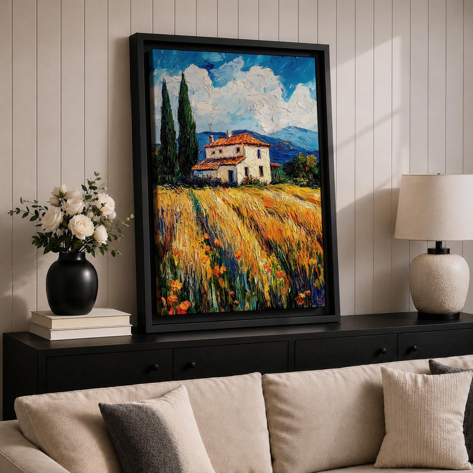 Tuscan Farmhouse Wall Art Italian Countryside Framed Canvas Wheat Field Impasto Rustic Decor
