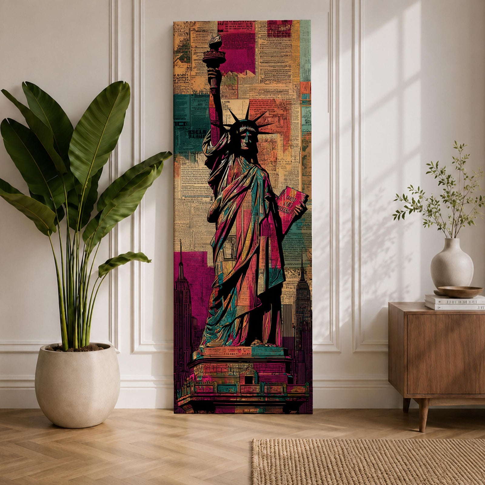 A tall narrow artwork of the Statue of Liberty holding a torch and tablet, rendered in bold stylized colors with layered collage textures of vintage newspaper clippings, featuring vibrant teal, magenta, and gold tones with graphic outlines in a modern pop art inspired cityscape style.