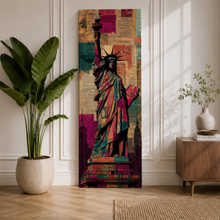 A tall narrow artwork of the Statue of Liberty holding a torch and tablet, rendered in bold stylized colors with layered collage textures of vintage newspaper clippings, featuring vibrant teal, magenta, and gold tones with graphic outlines in a modern pop art inspired cityscape style.