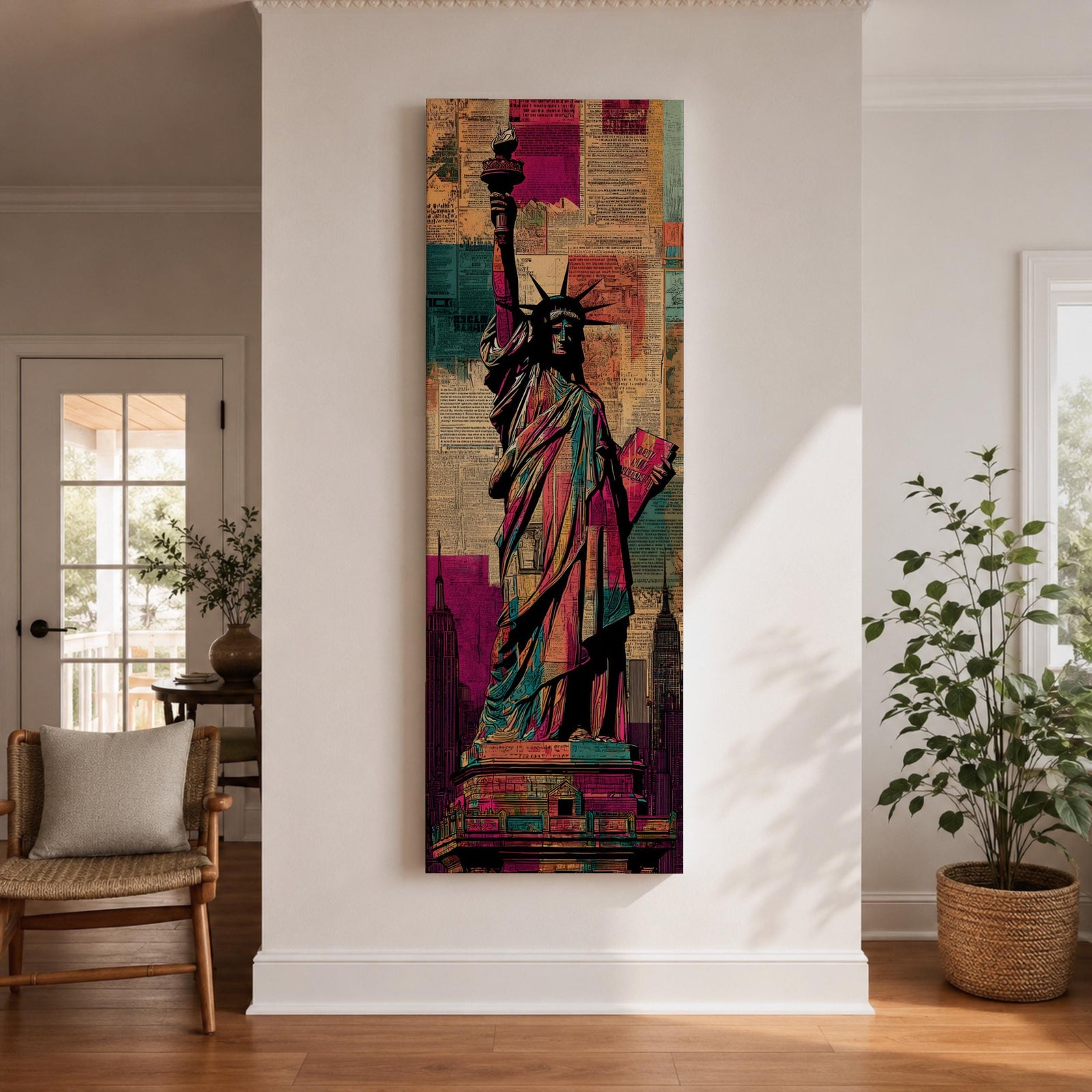 A tall narrow artwork of the Statue of Liberty holding a torch and tablet, rendered in bold stylized colors with layered collage textures of vintage newspaper clippings, featuring vibrant teal, magenta, and gold tones with graphic outlines in a modern pop art inspired cityscape style.