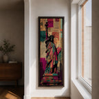 A tall narrow artwork of the Statue of Liberty holding a torch and tablet, rendered in bold stylized colors with layered collage textures of vintage newspaper clippings, featuring vibrant teal, magenta, and gold tones with graphic outlines in a modern pop art inspired cityscape style.