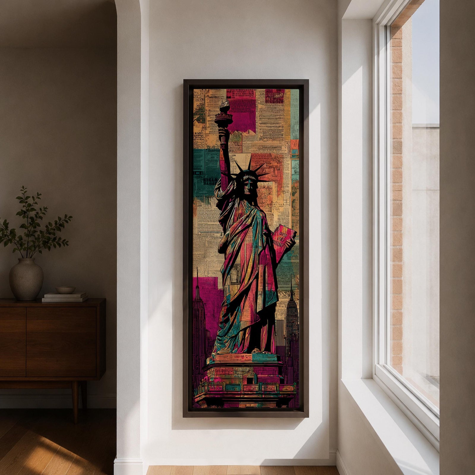 A tall narrow artwork of the Statue of Liberty holding a torch and tablet, rendered in bold stylized colors with layered collage textures of vintage newspaper clippings, featuring vibrant teal, magenta, and gold tones with graphic outlines in a modern pop art inspired cityscape style.