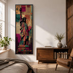 A tall narrow artwork of the Statue of Liberty holding a torch and tablet, rendered in bold stylized colors with layered collage textures of vintage newspaper clippings, featuring vibrant teal, magenta, and gold tones with graphic outlines in a modern pop art inspired cityscape style.