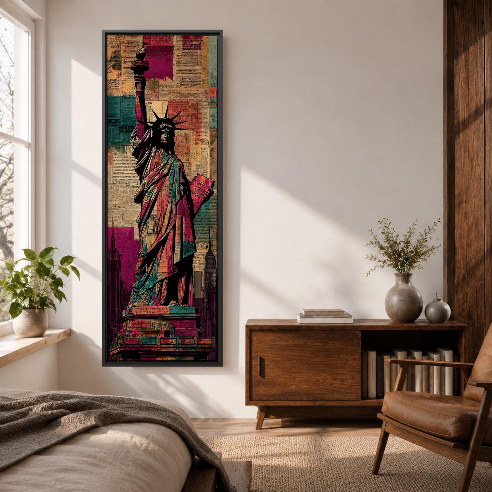A tall narrow artwork of the Statue of Liberty holding a torch and tablet, rendered in bold stylized colors with layered collage textures of vintage newspaper clippings, featuring vibrant teal, magenta, and gold tones with graphic outlines in a modern pop art inspired cityscape style.