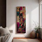 A tall narrow artwork of the Statue of Liberty holding a torch and tablet, rendered in bold stylized colors with layered collage textures of vintage newspaper clippings, featuring vibrant teal, magenta, and gold tones with graphic outlines in a modern pop art inspired cityscape style.