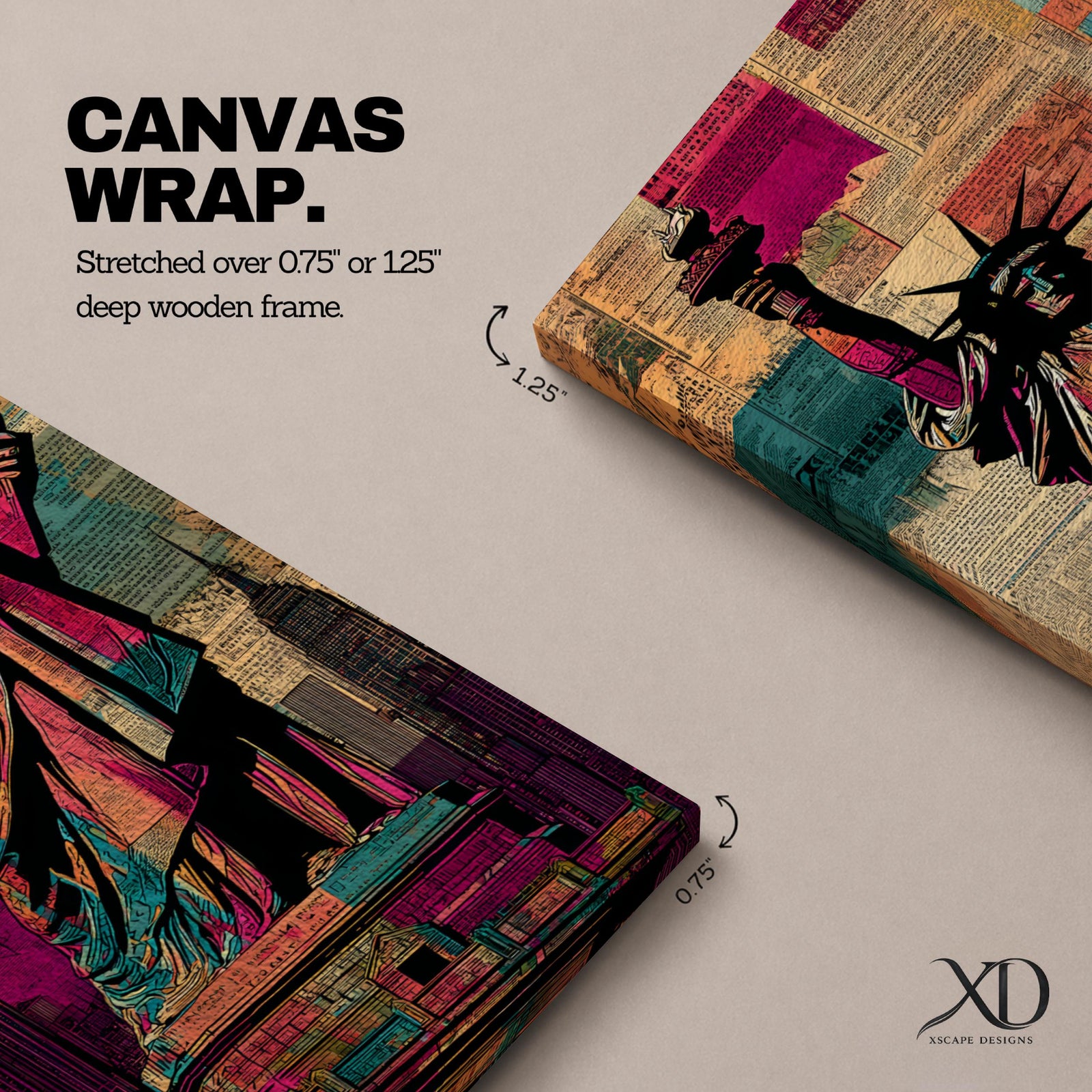 A tall narrow artwork of the Statue of Liberty holding a torch and tablet, rendered in bold stylized colors with layered collage textures of vintage newspaper clippings, featuring vibrant teal, magenta, and gold tones with graphic outlines in a modern pop art inspired cityscape style.