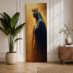A tall narrow artwork of Our Lady of Fatima in profile wearing a delicate crown and deep blue mantle, softly illuminated against a warm golden background, with gentle shading and smooth light transitions creating a calm devotional composition in a classical religious style.