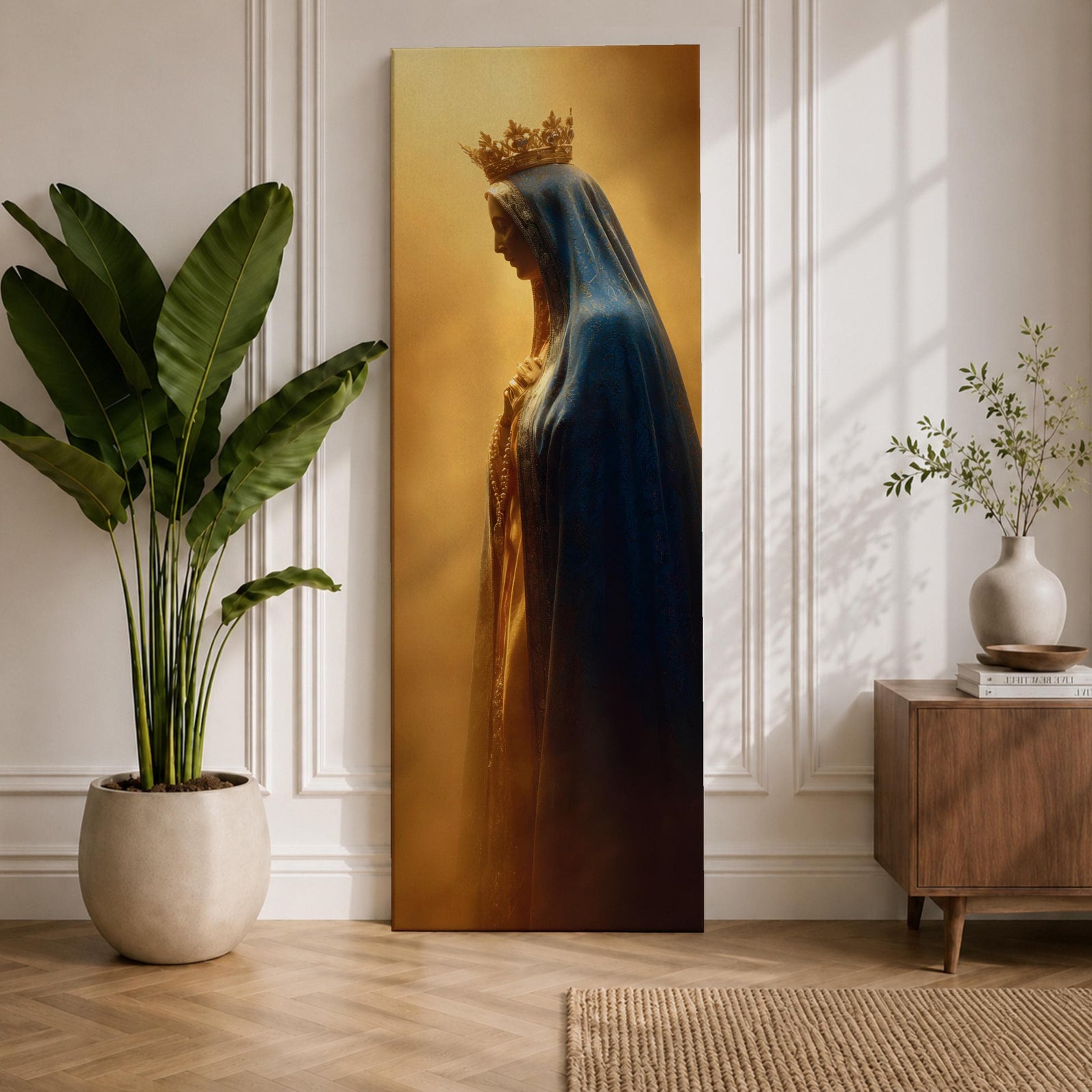 A tall narrow artwork of Our Lady of Fatima in profile wearing a delicate crown and deep blue mantle, softly illuminated against a warm golden background, with gentle shading and smooth light transitions creating a calm devotional composition in a classical religious style.