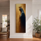 A tall narrow artwork of Our Lady of Fatima in profile wearing a delicate crown and deep blue mantle, softly illuminated against a warm golden background, with gentle shading and smooth light transitions creating a calm devotional composition in a classical religious style.