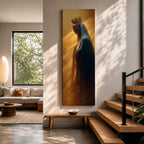 A tall narrow artwork of Our Lady of Fatima in profile wearing a delicate crown and deep blue mantle, softly illuminated against a warm golden background, with gentle shading and smooth light transitions creating a calm devotional composition in a classical religious style.