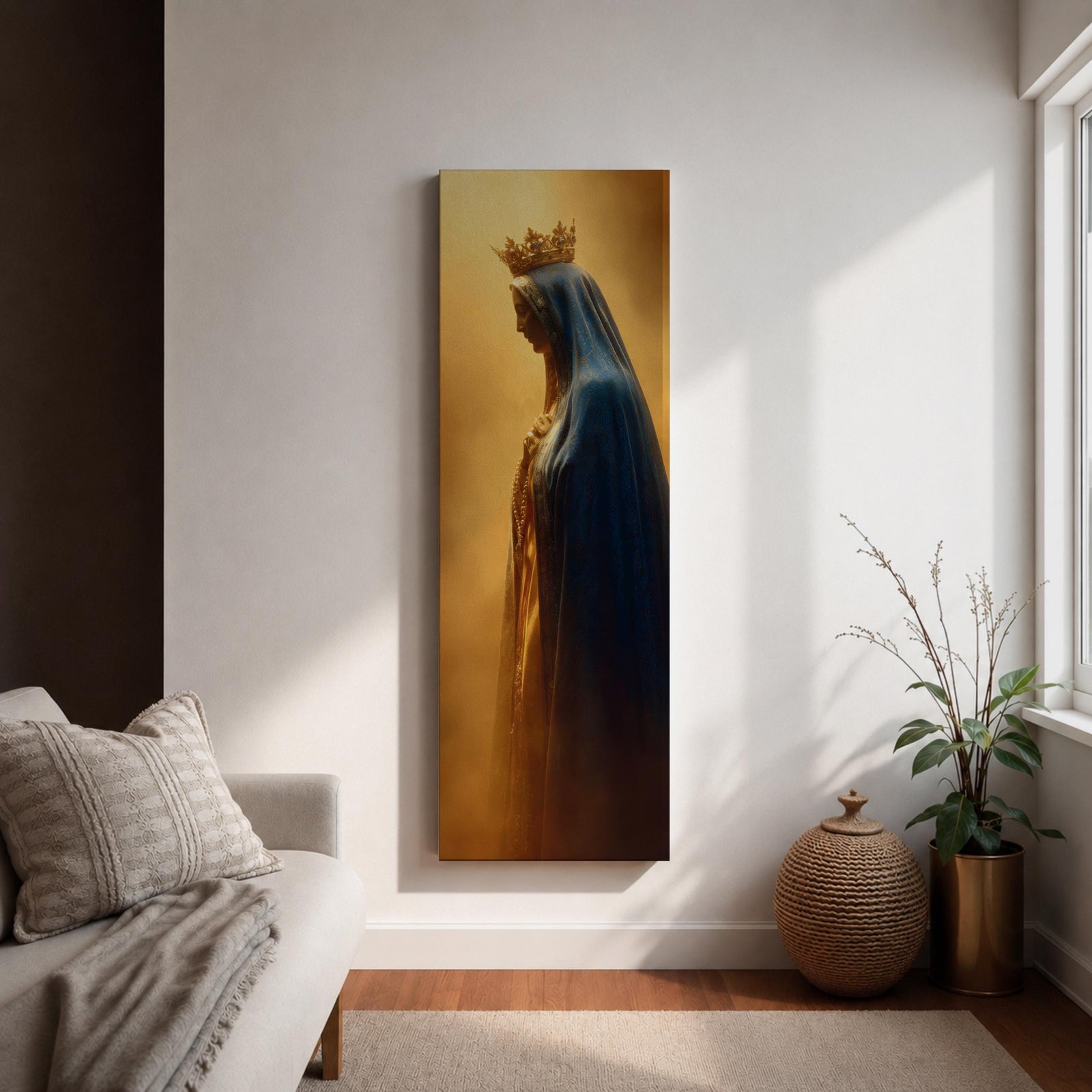 A tall narrow artwork of Our Lady of Fatima in profile wearing a delicate crown and deep blue mantle, softly illuminated against a warm golden background, with gentle shading and smooth light transitions creating a calm devotional composition in a classical religious style.