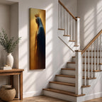 A tall narrow artwork of Our Lady of Fatima in profile wearing a delicate crown and deep blue mantle, softly illuminated against a warm golden background, with gentle shading and smooth light transitions creating a calm devotional composition in a classical religious style.