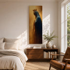 A tall narrow artwork of Our Lady of Fatima in profile wearing a delicate crown and deep blue mantle, softly illuminated against a warm golden background, with gentle shading and smooth light transitions creating a calm devotional composition in a classical religious style.