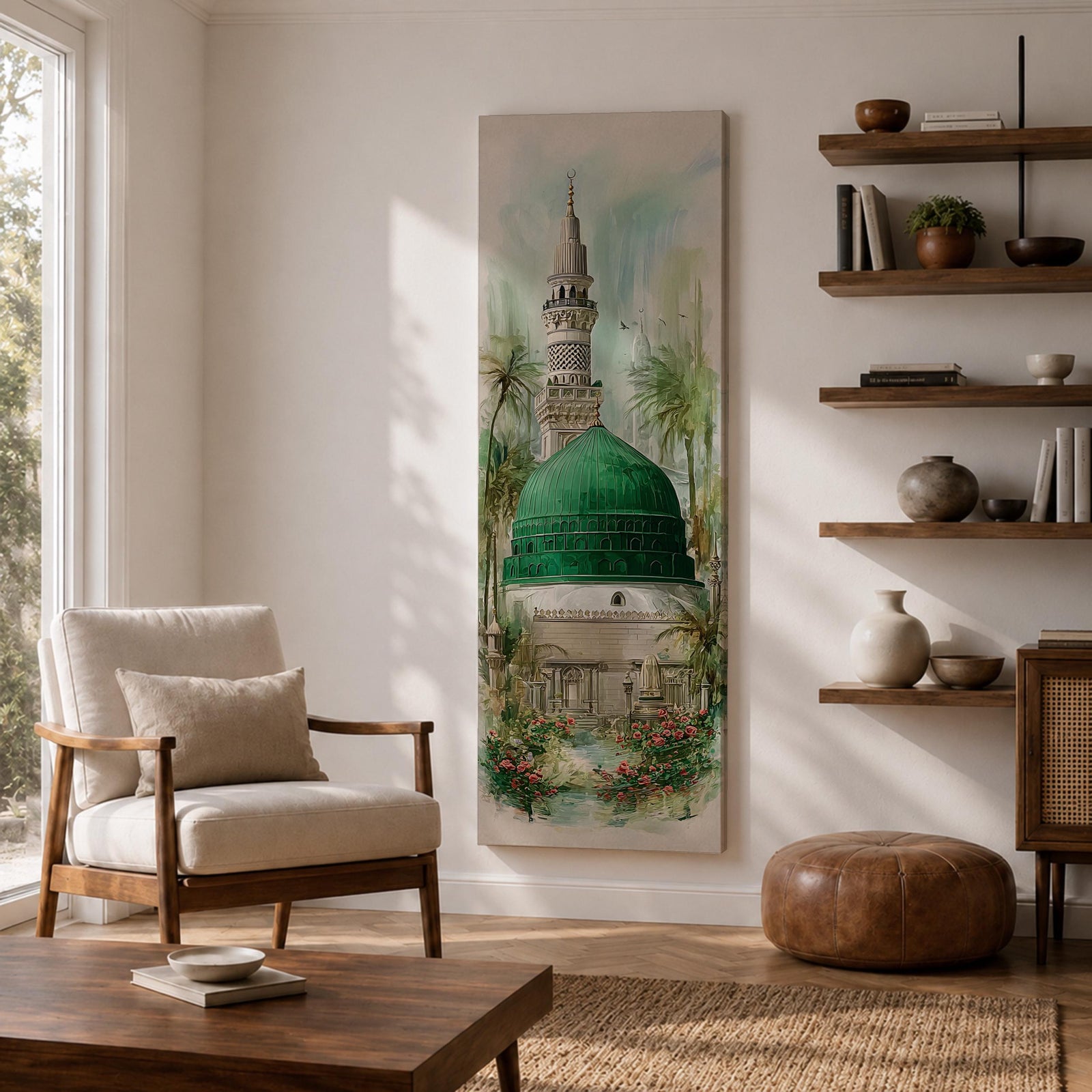 A tall narrow painting of Al Masjid an Nabawi featuring the iconic green dome and a slender minaret rising above detailed mosque architecture, surrounded by soft palm trees and floral garden elements, rendered in light airy tones with gentle brushwork in a serene architectural landscape style.