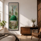 A tall narrow painting of Al Masjid an Nabawi featuring the iconic green dome and a slender minaret rising above detailed mosque architecture, surrounded by soft palm trees and floral garden elements, rendered in light airy tones with gentle brushwork in a serene architectural landscape style.