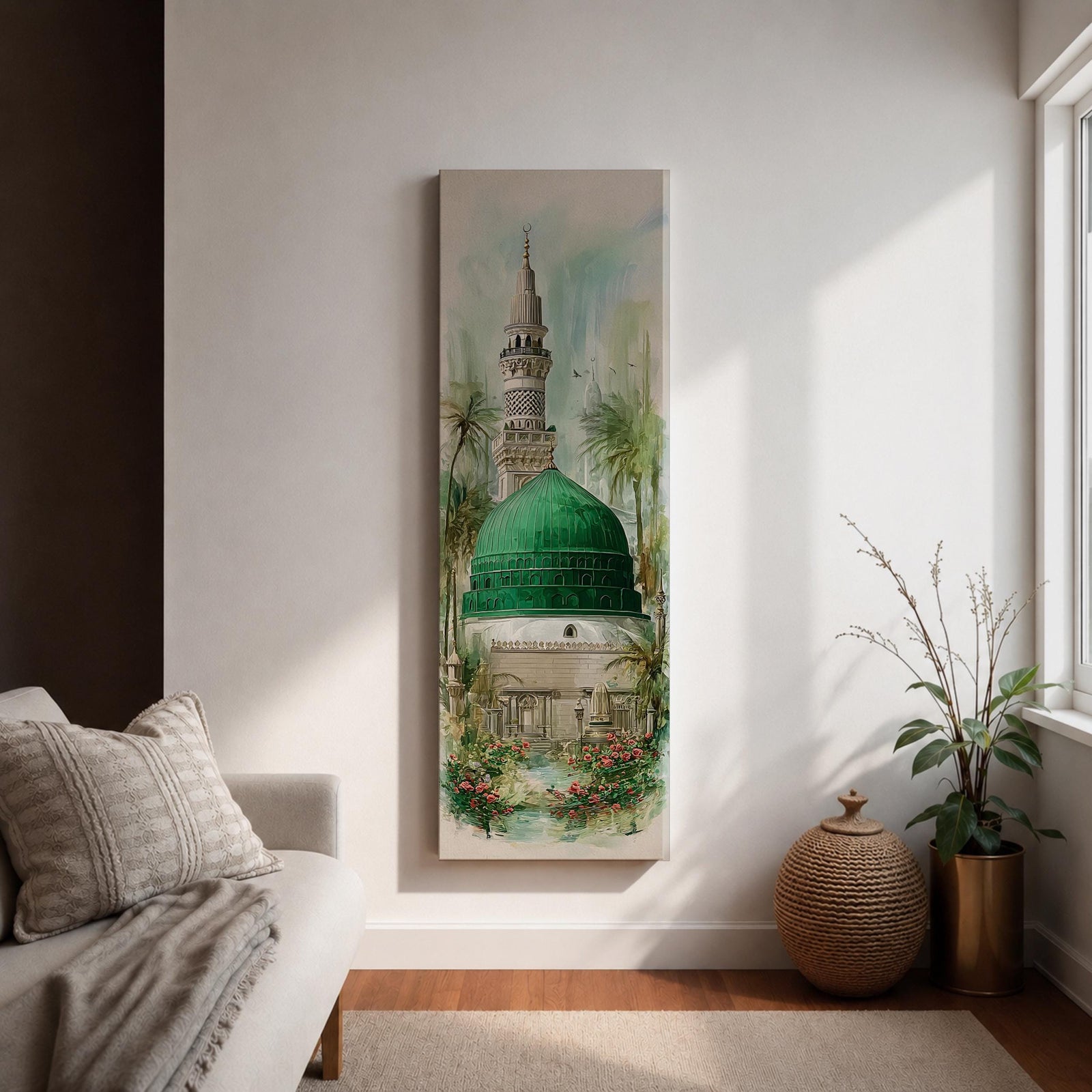A tall narrow painting of Al Masjid an Nabawi featuring the iconic green dome and a slender minaret rising above detailed mosque architecture, surrounded by soft palm trees and floral garden elements, rendered in light airy tones with gentle brushwork in a serene architectural landscape style.