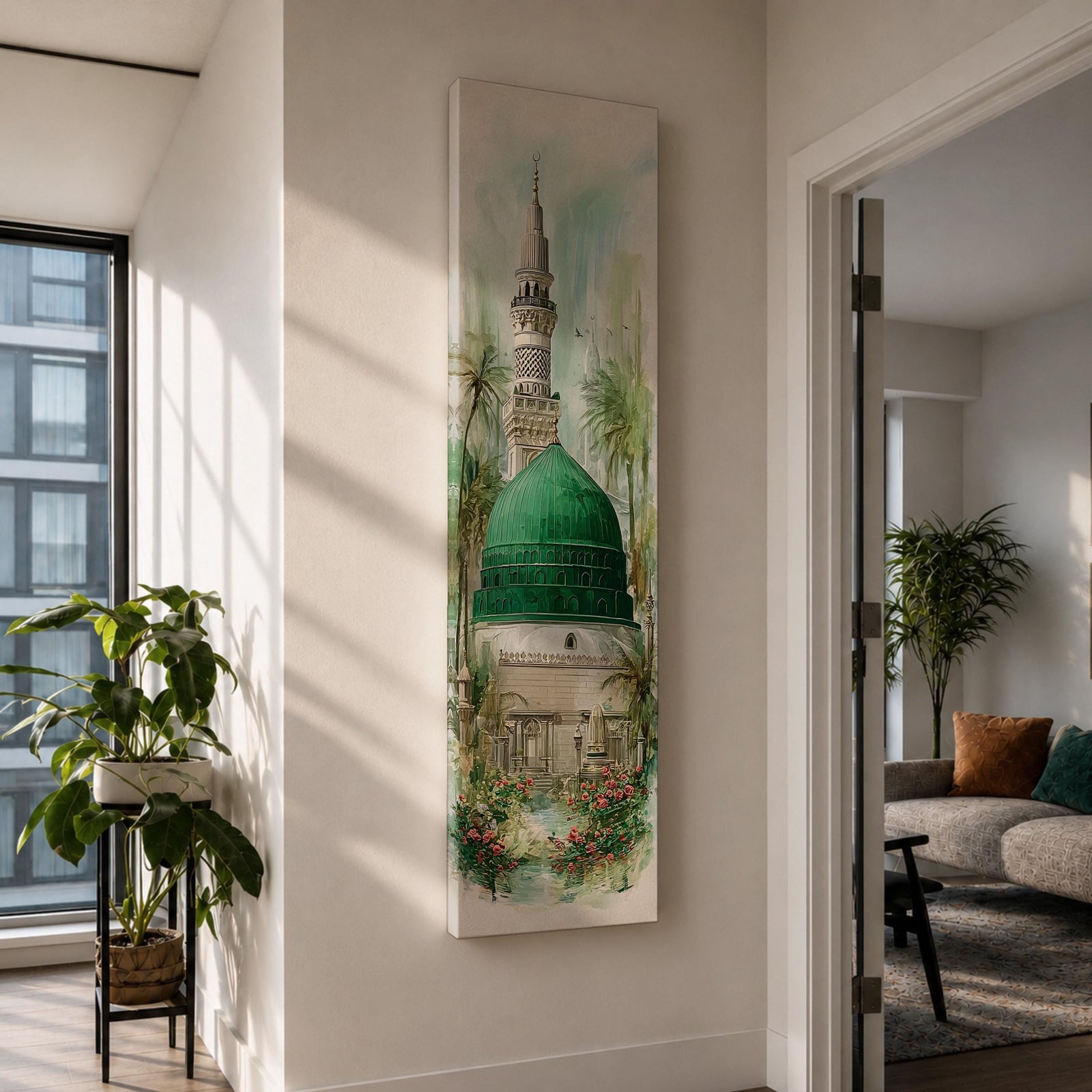 A tall narrow painting of Al Masjid an Nabawi featuring the iconic green dome and a slender minaret rising above detailed mosque architecture, surrounded by soft palm trees and floral garden elements, rendered in light airy tones with gentle brushwork in a serene architectural landscape style.