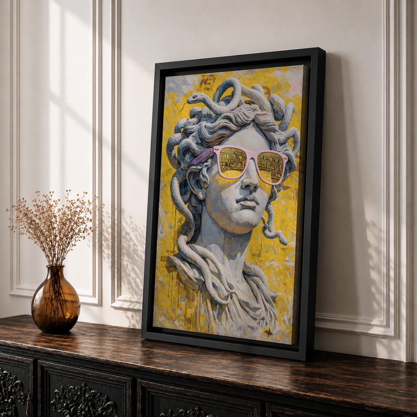 Medusa Wall Art Greek Mythology Framed Canvas Statue Sunglasses Modern Pop Art Decor