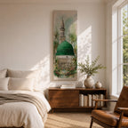 A tall narrow painting of Al Masjid an Nabawi featuring the iconic green dome and a slender minaret rising above detailed mosque architecture, surrounded by soft palm trees and floral garden elements, rendered in light airy tones with gentle brushwork in a serene architectural landscape style.