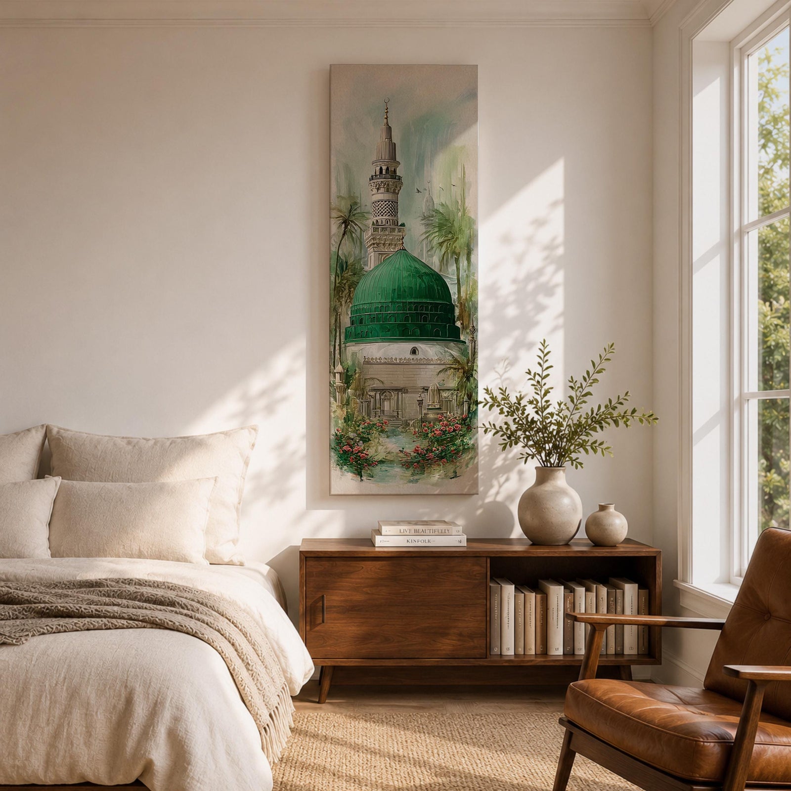 A tall narrow painting of Al Masjid an Nabawi featuring the iconic green dome and a slender minaret rising above detailed mosque architecture, surrounded by soft palm trees and floral garden elements, rendered in light airy tones with gentle brushwork in a serene architectural landscape style.